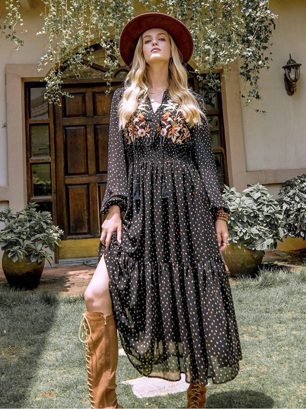 NWT 2XL Fall Boho Embroidered Long Sleeve Black Floral Lined Maxi Dress